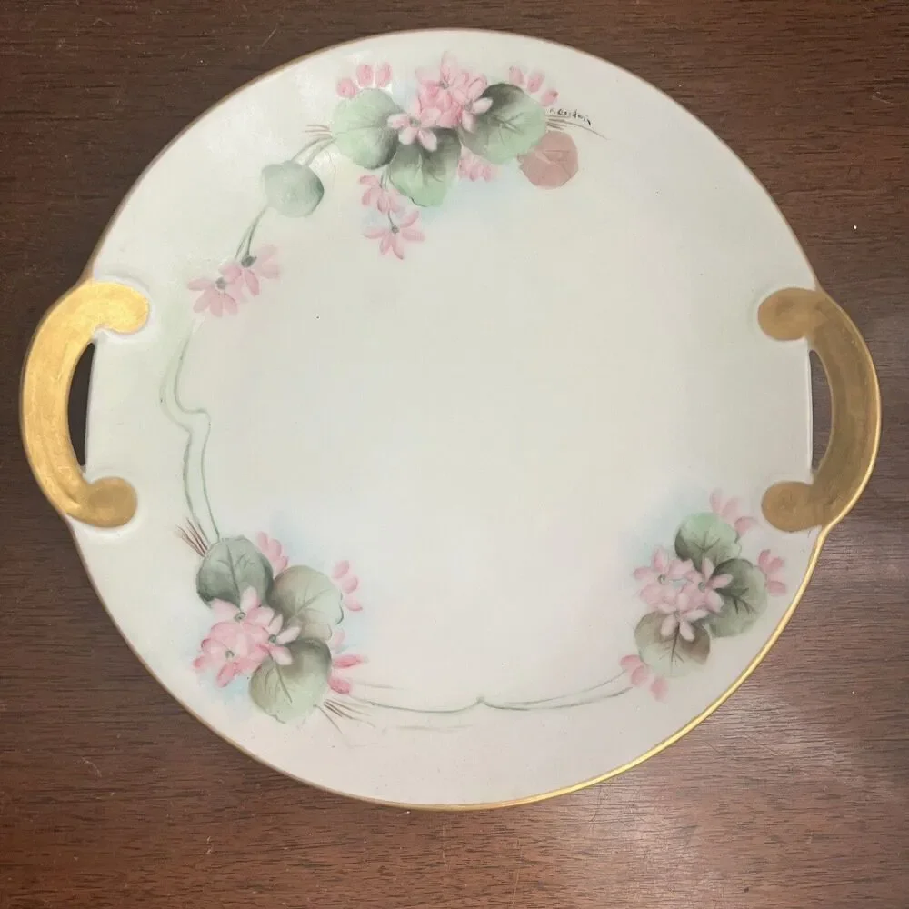 Vintage Hand Painted 2 Round Serving Platters w Handles 1 Bowl Pink Floral Sign
